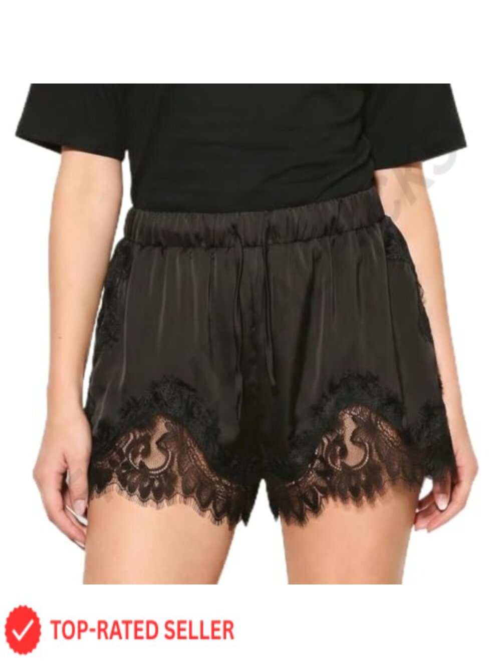 Womens Satin Lounge Shorts Lace Trim Drawstring Low Rise Culotte